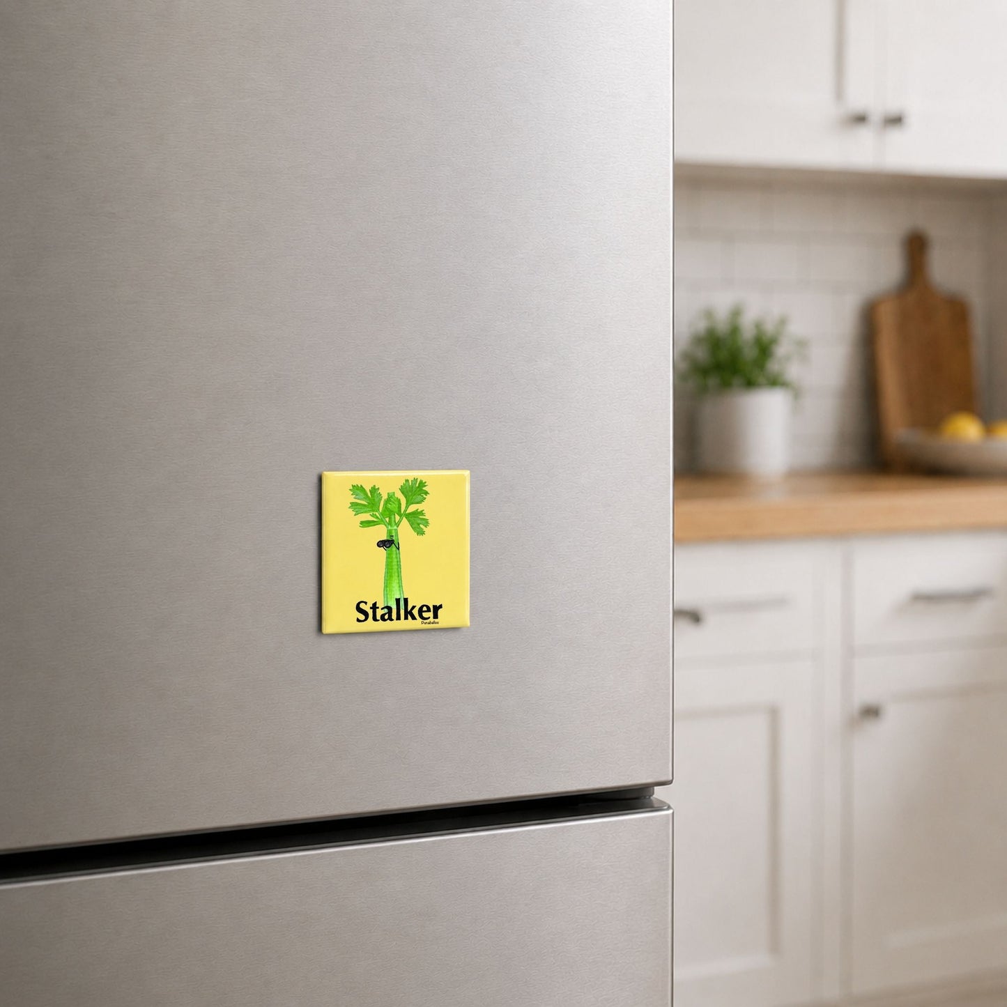 Stalker celery pun magnet on a kitchen fridge