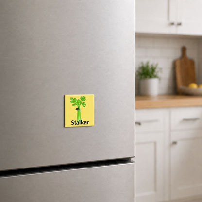 Stalker celery pun magnet on a kitchen fridge