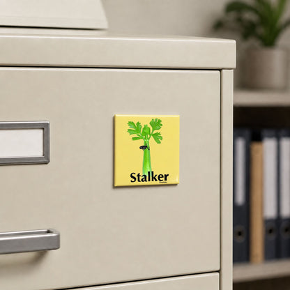 Stalker funny celery magnet on a cream file cabinet