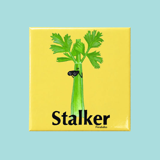 Stalker funny celery pun on a square yellow magnet
