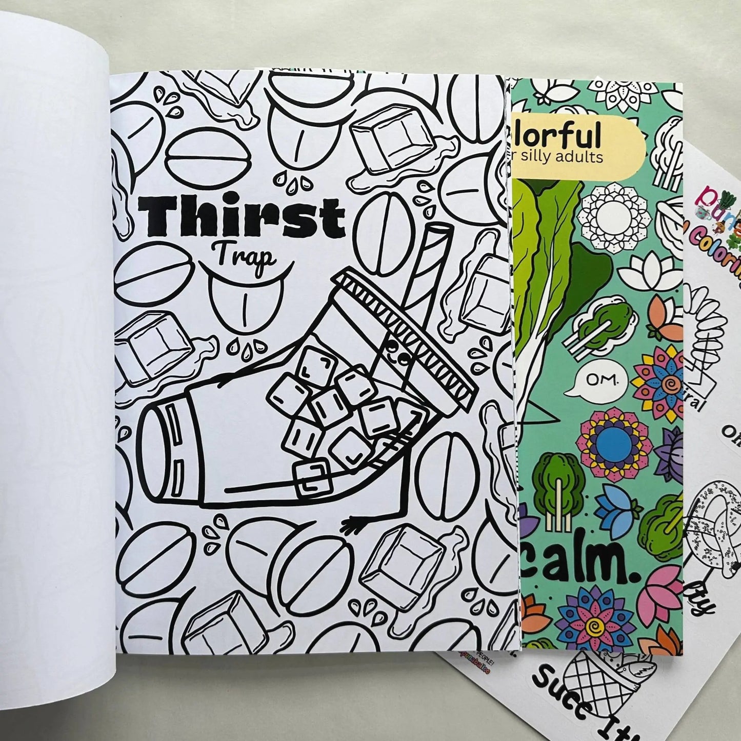 Thirst Trap iced coffee pun coloring page from adult coloring book set