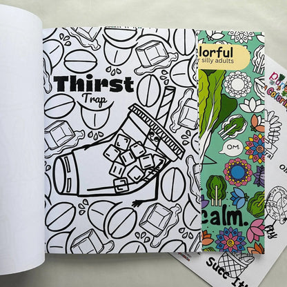 Thirst Trap iced coffee pun coloring page from adult coloring book set