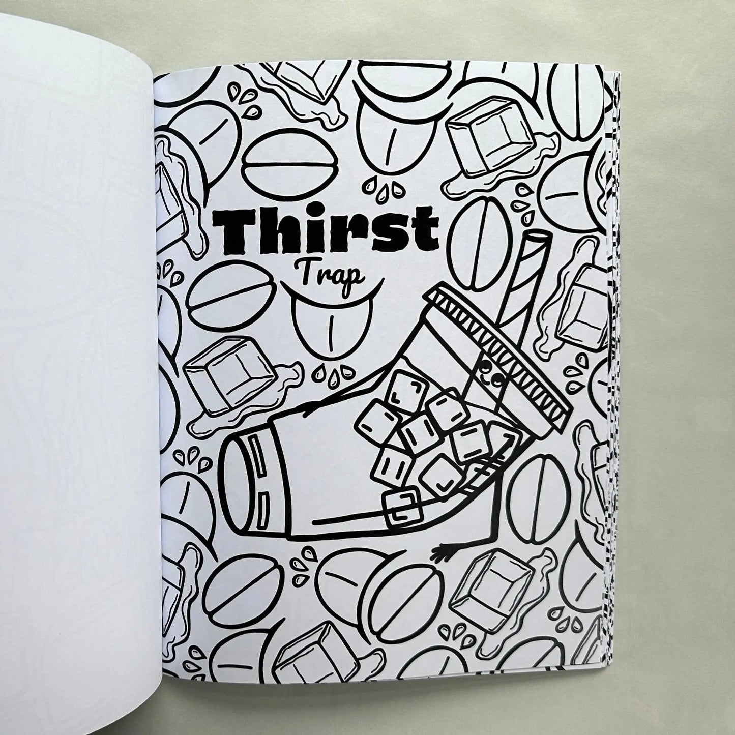 Thirst Trap iced coffee pun coloring page inside funny adult coloring book