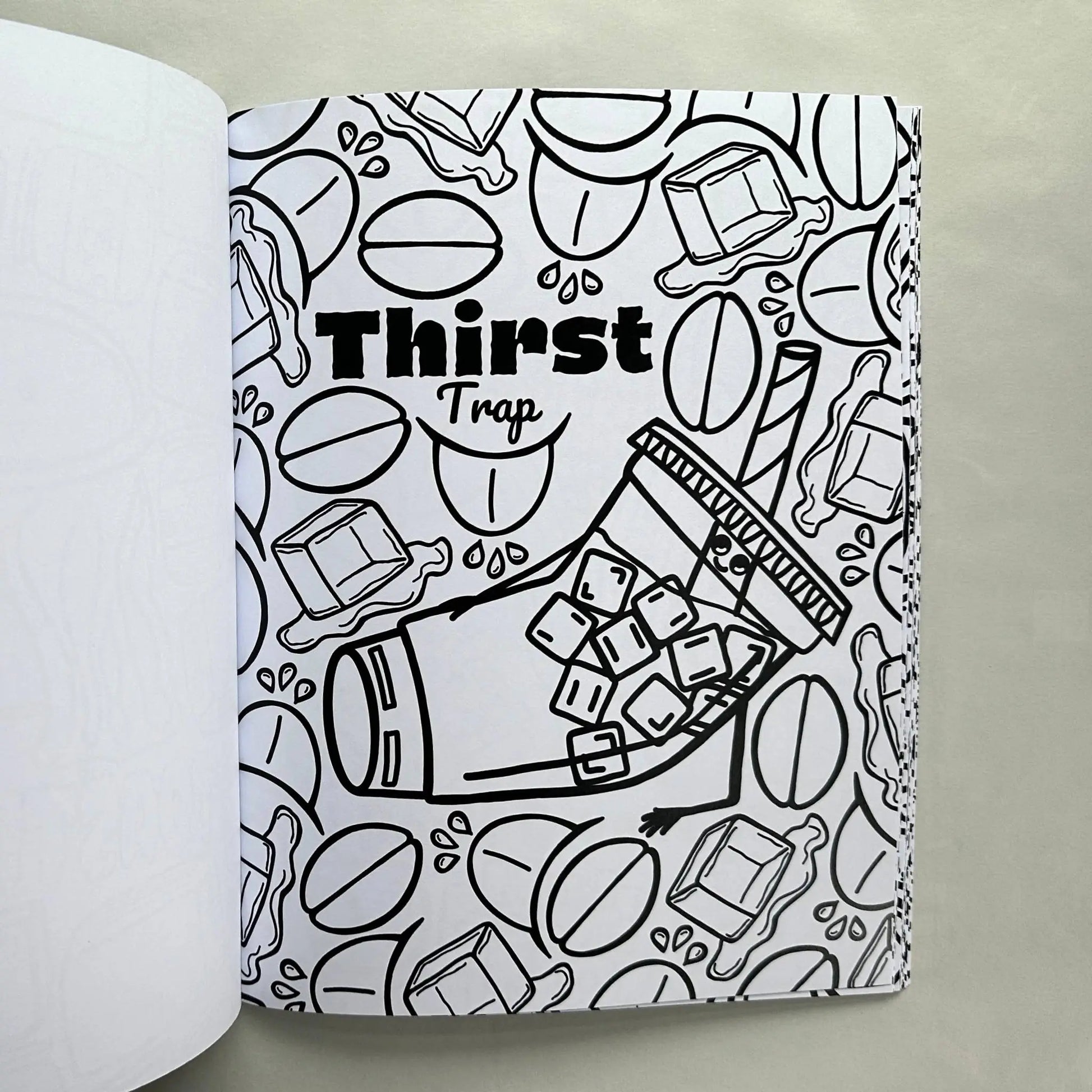 Thirst Trap iced coffee pun coloring page inside funny adult coloring book