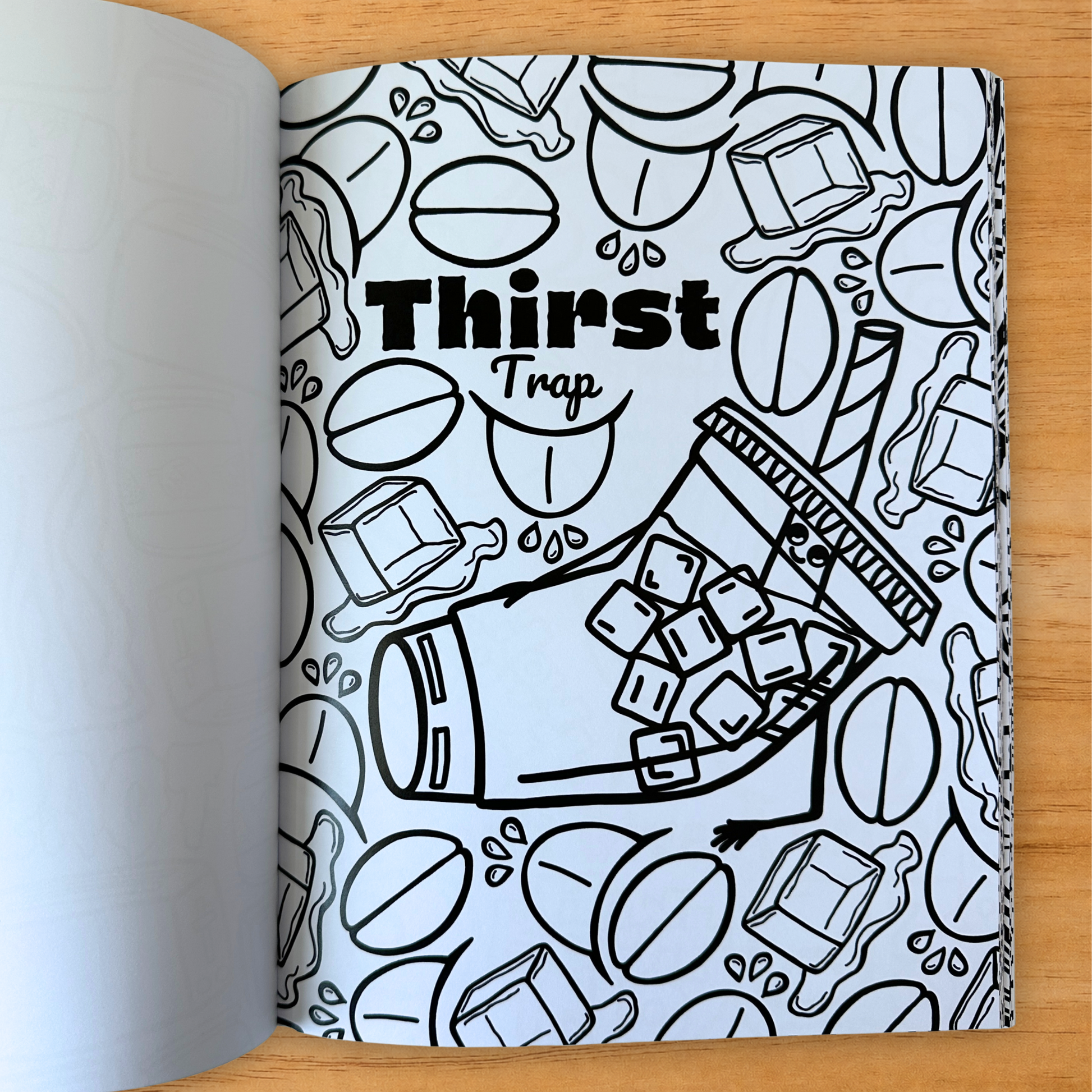 Thirst Trap Iced Coffee pun coloring page from adult coloring book