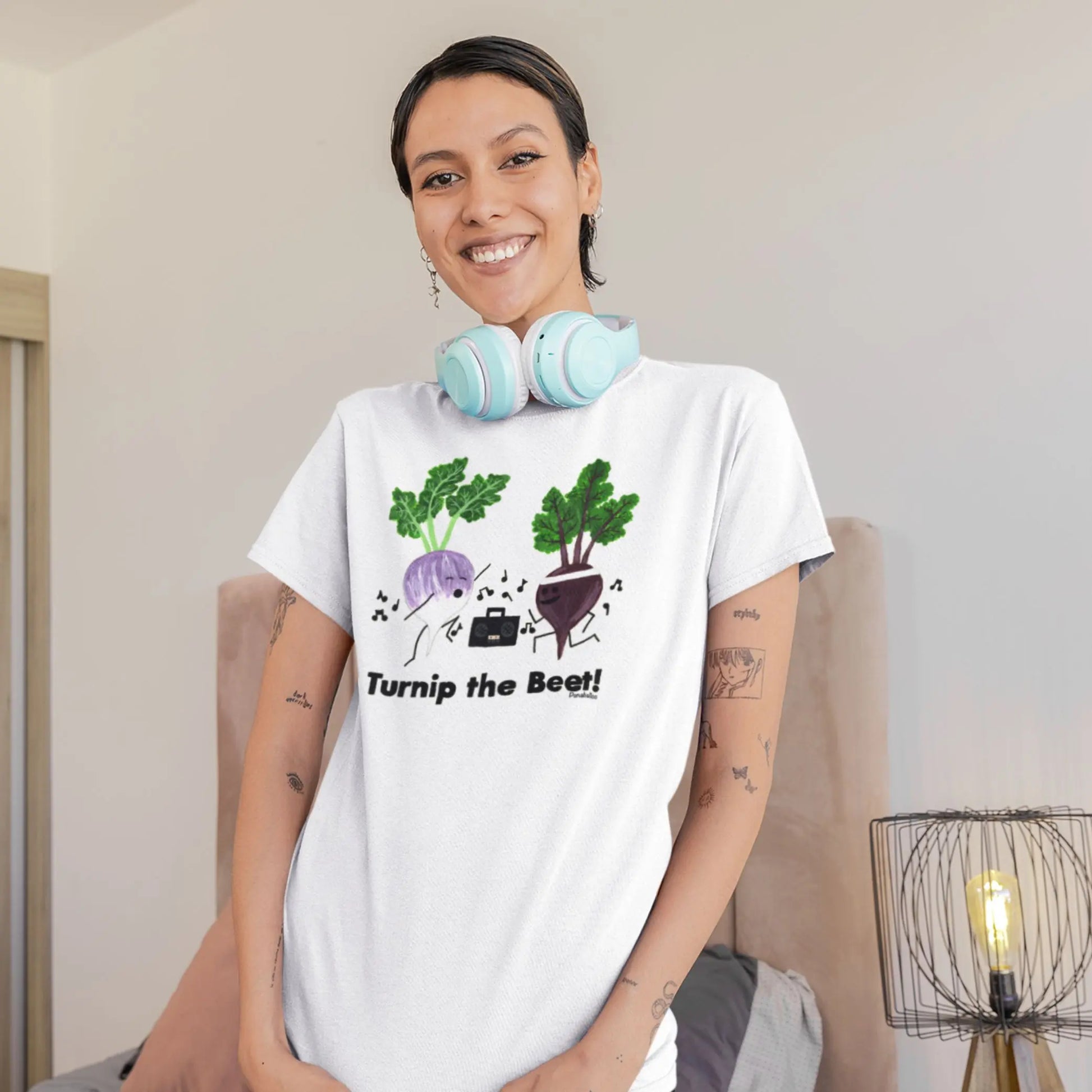 Turnip The Beet Funny Turnip and Beet Pun T-Shirt Styled on a Model