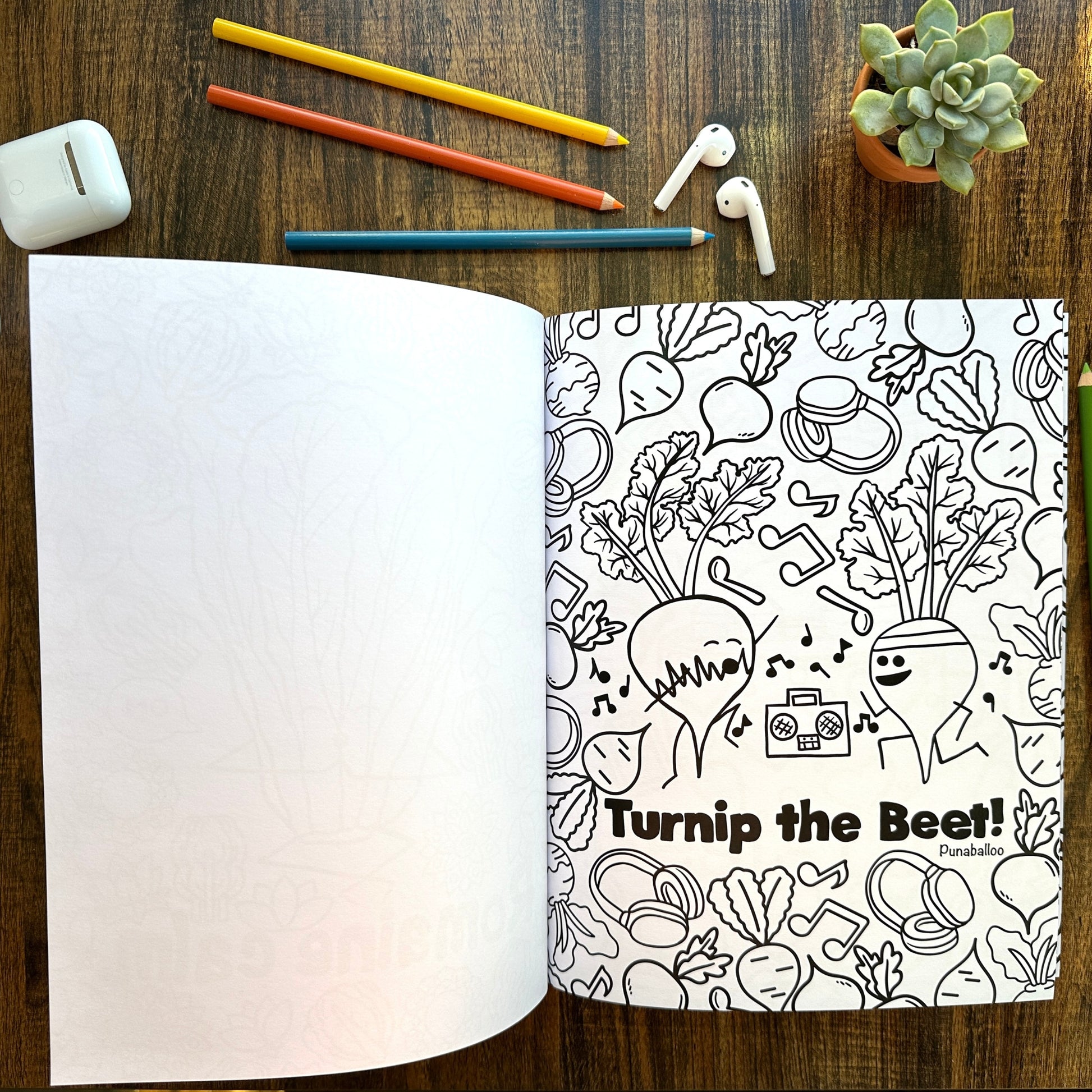 Veggie joke coloring page from punny adult coloring book