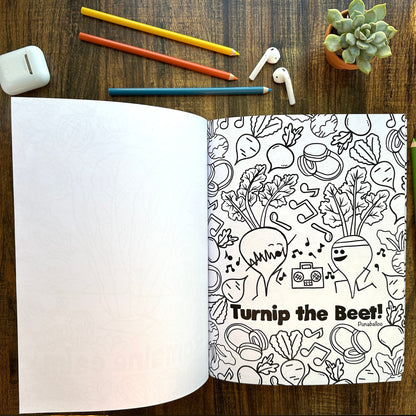 Veggie joke coloring page from punny adult coloring book