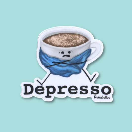 Depresso funny coffee sticker on a muted teal background