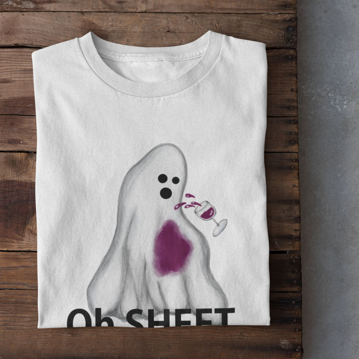 White Oh Sheet ghost shirt with spilled red wine design
