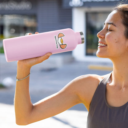 Woman drinking from a pink water bottle with Eggsistential Dread sticker