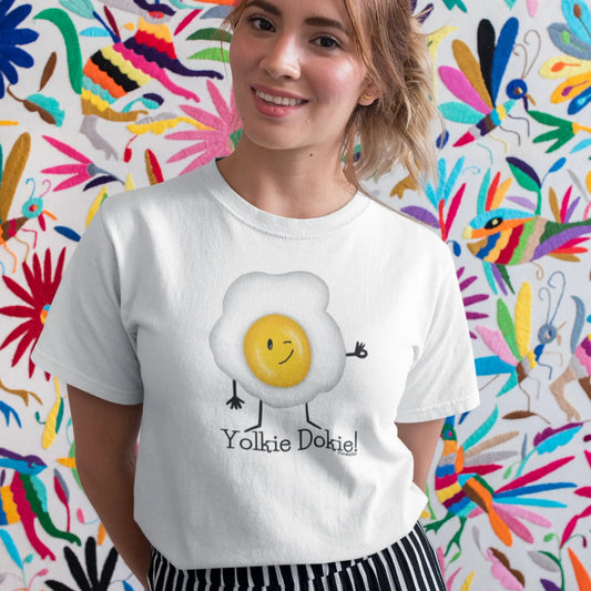 Yolkie Dokie Funny Egg Pun T-Shirt Styled on a Model