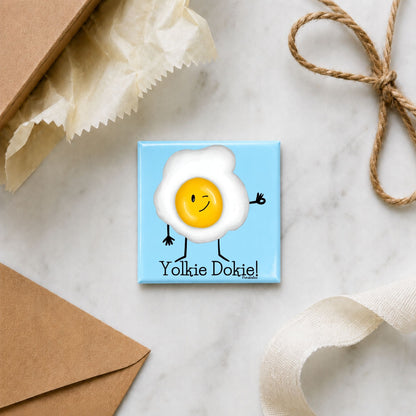 Yolkie Dokie funny egg magnet in a gift flat lay