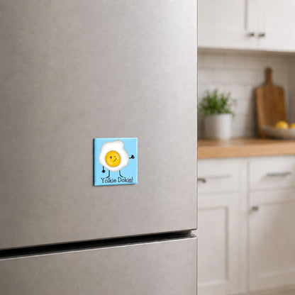 Yolkie Dokie funny egg magnet on a kitchen fridge
