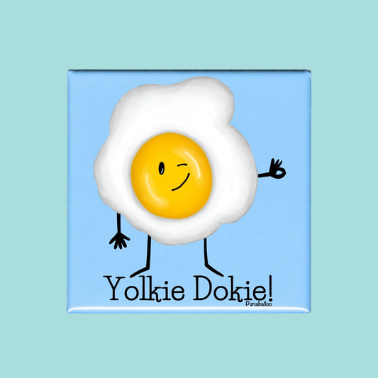 Yolkie Dokie funny egg pun on a square blue magne