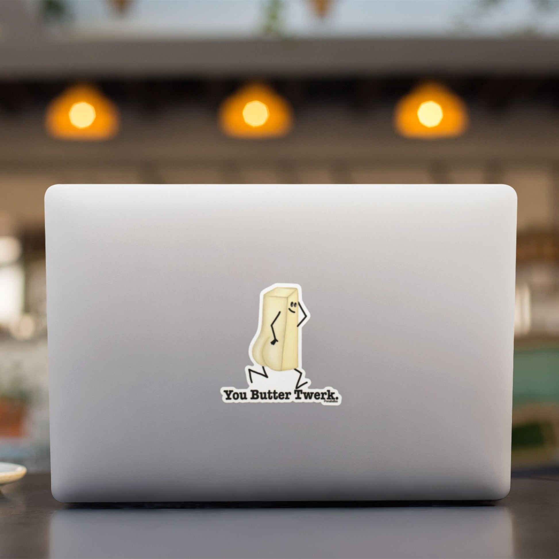 You Butter Twerk butter pun sticker on a laptop