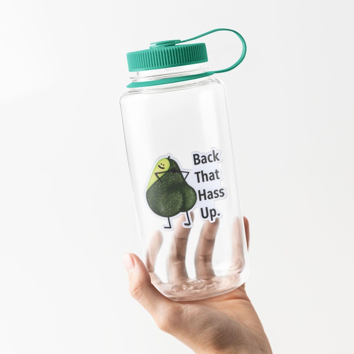 Back That Hass Up avocado sticker displayed on a clear reusable water bottle