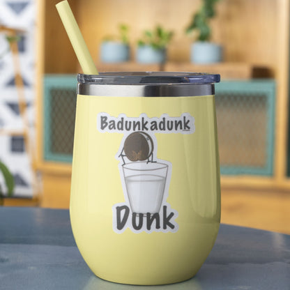 Badunkadunk Dunk cookie sticker displayed on a yellow tumbler