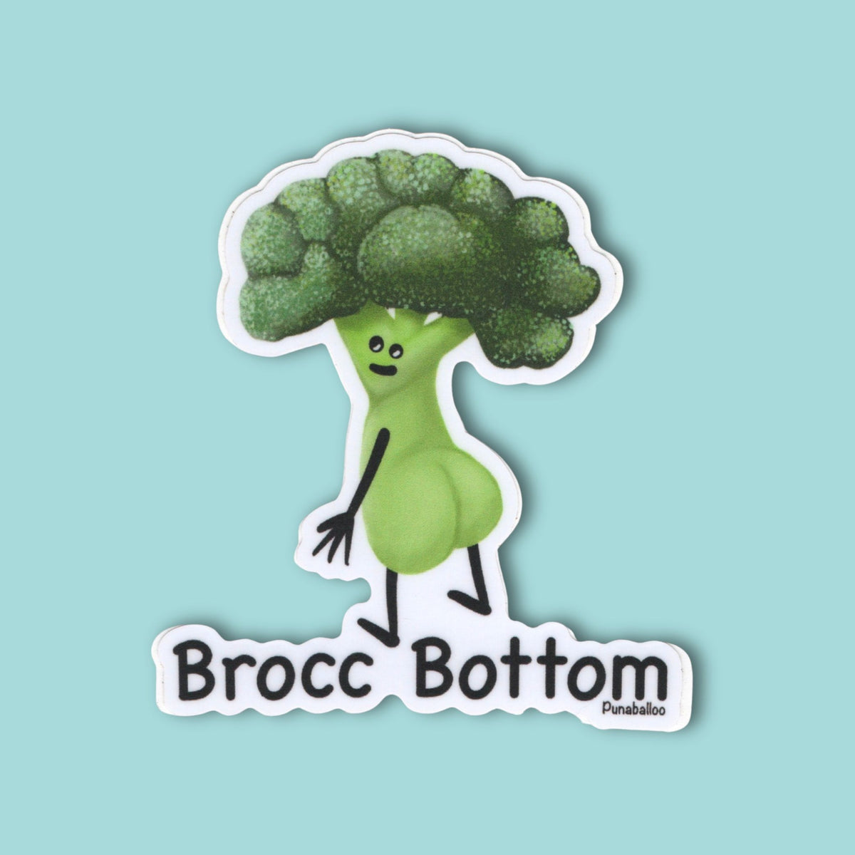 Brocc Bottom funny broccoli pun sticker featuring a hand-drawn broccoli character with a butt