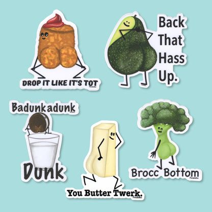 Five funny butt pun stickers featuring a tater tot, avocado, cookie, butter and broccoli