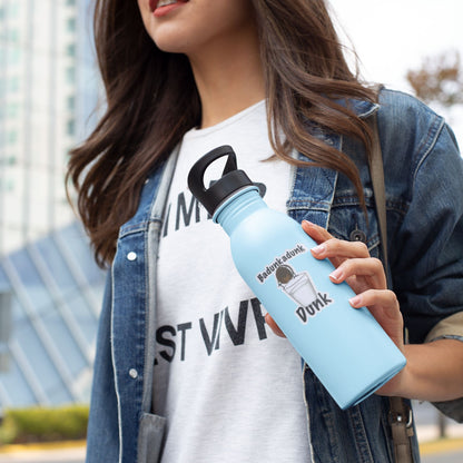 Woman holding a blue water bottle decorated with a Badunkadunk Dunk cookie sticker