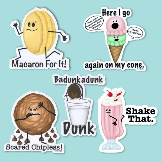 Five funny dessert pun stickers featuring ice cream, cookie, macaron and milkshake characters
