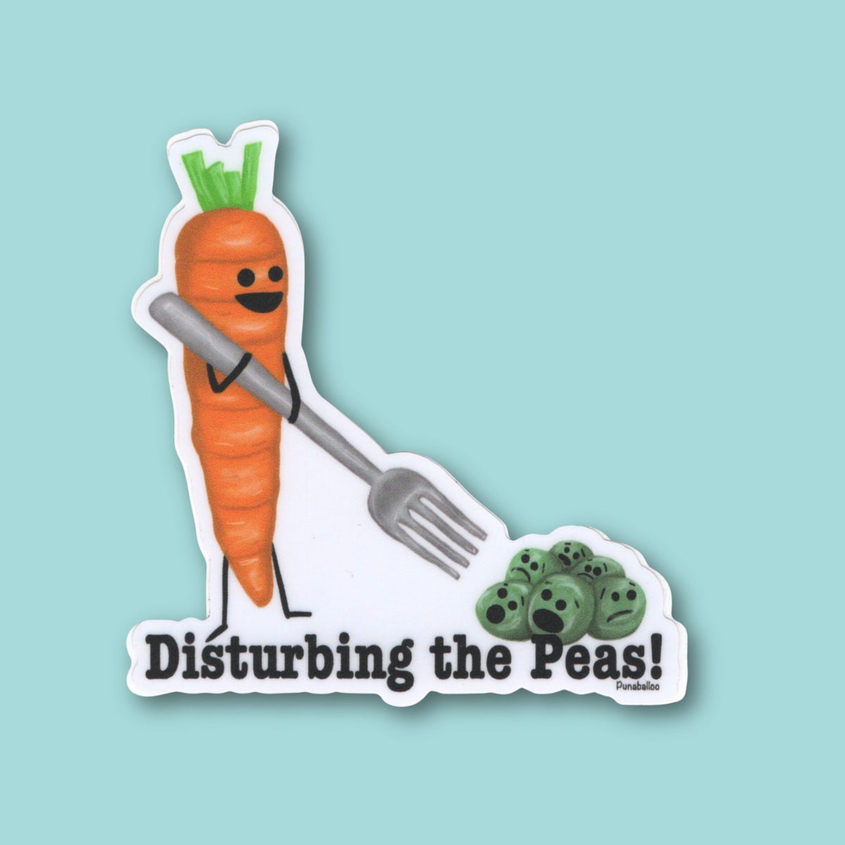 Disturbing the Peas vegetable pun sticker with a carrot frightening a pile of peas