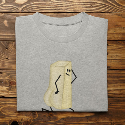 Folded athletic heather You Butter Twerk food pun shirt on rustic wood background