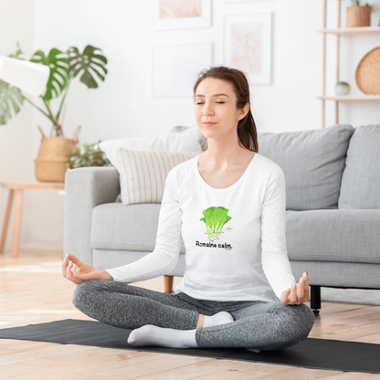 Woman meditating in a white Romaine Calm long sleeve shirt