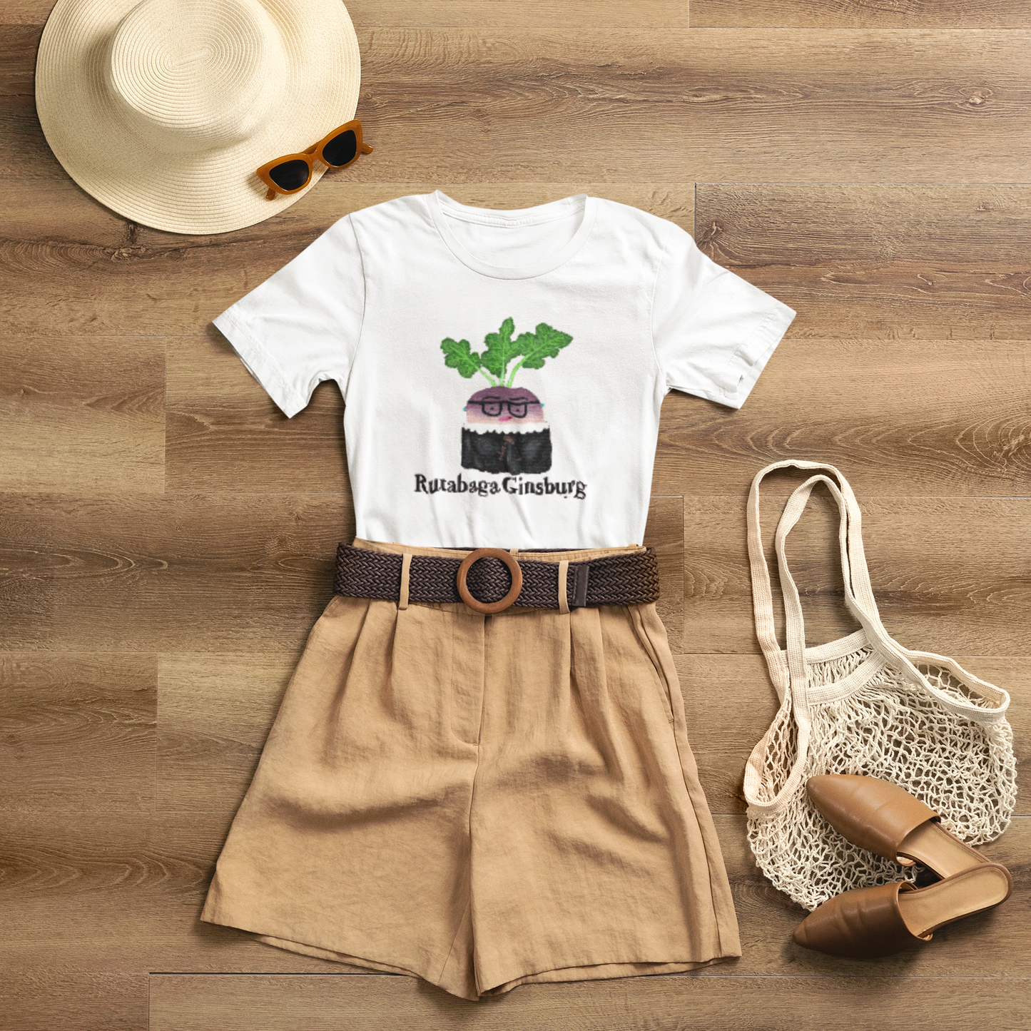 White Rutabaga Ginsburg t-shirt outfit flat lay with beige shorts, hat, and shoes