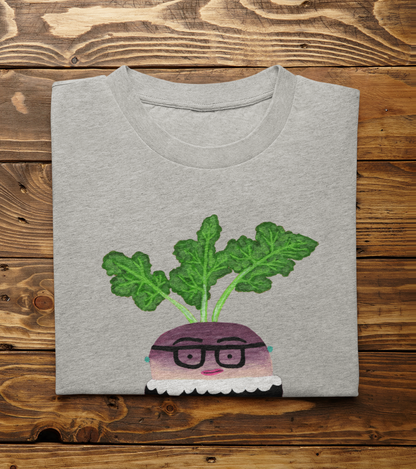 Heather gray Rutabaga Ginsburg graphic tee folded on wood background