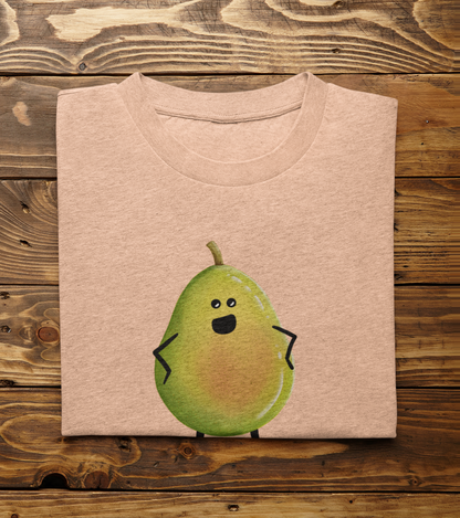 A folded heathered peach t-shirt with a cute cartoon pear character printed on the front, displayed flat on a rustic dark wood background.