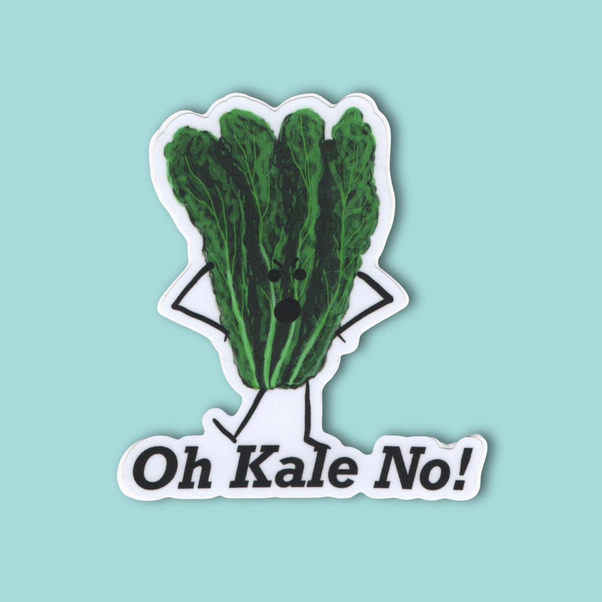 Oh Kale No funny kale sticker with an expressive hand-drawn vegetable character