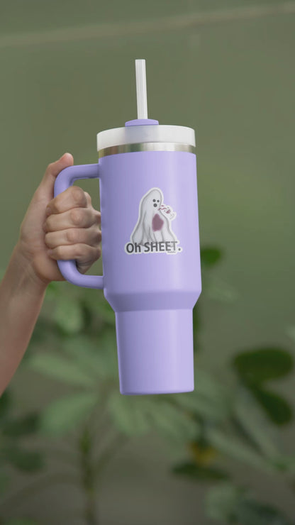 Oh Sheet! Ghost & Wine Sticker – 3″ Vinyl, Water + Wine-Proof, Funny Ghost Pun Decal