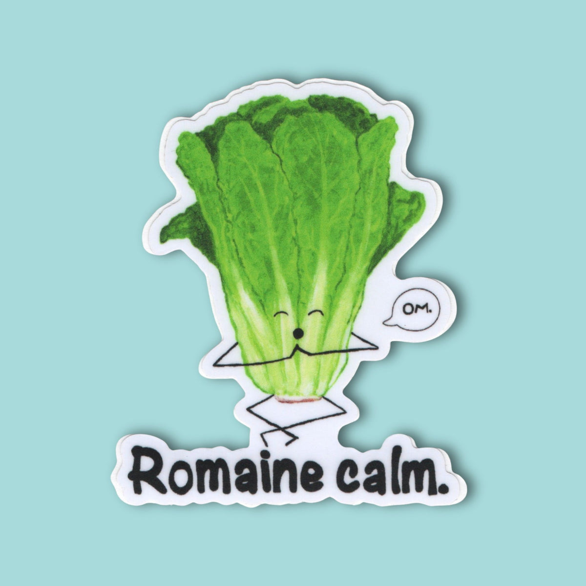 Romaine Calm lettuce pun sticker featuring meditating romaine