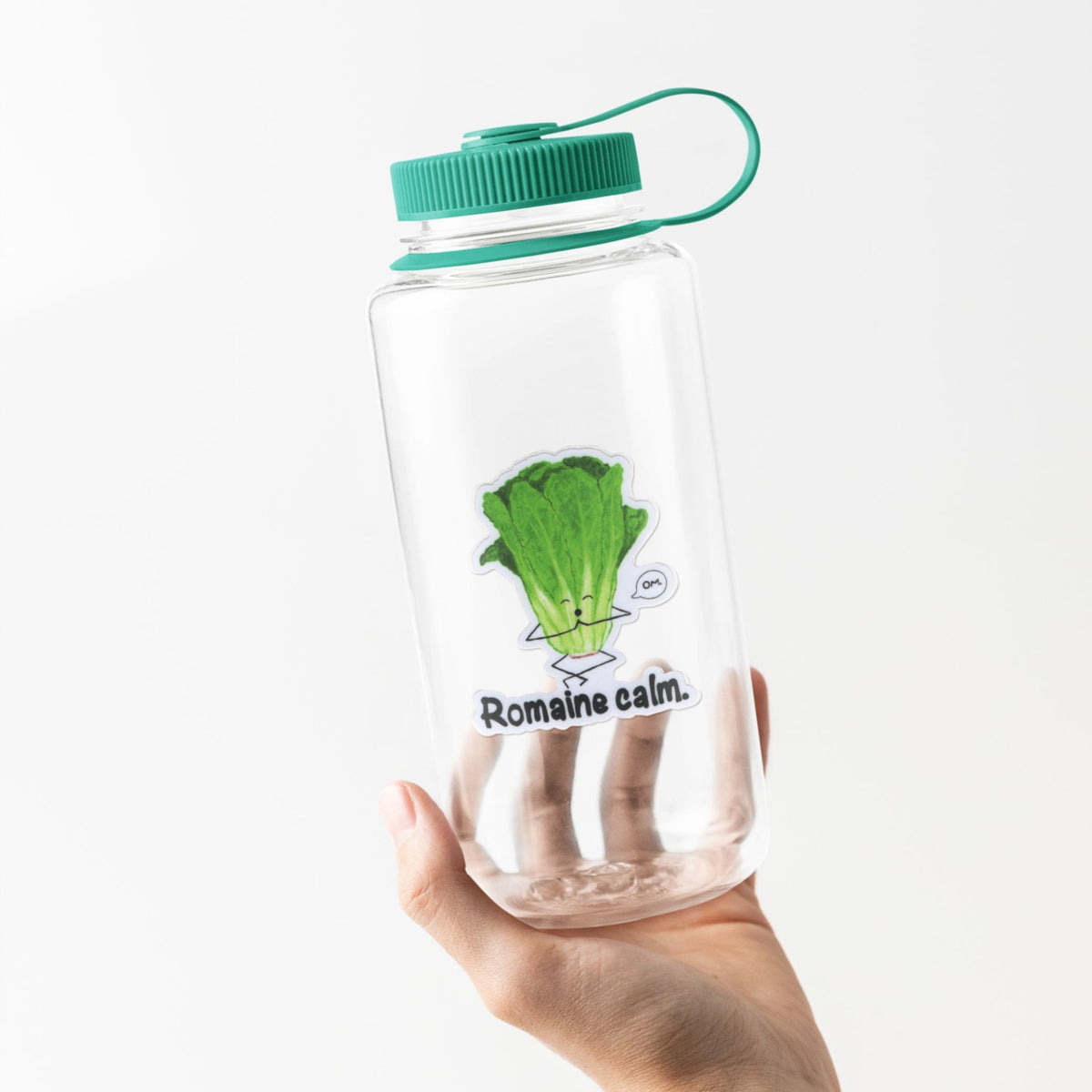 Romaine Calm lettuce sticker displayed on a clear reusable water bottle