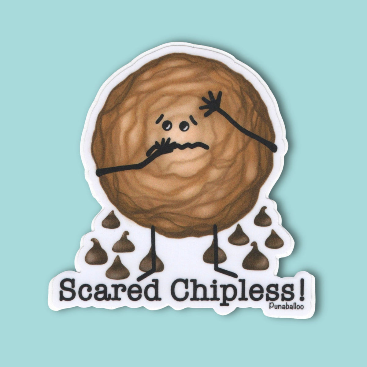 Scared Chipless cookie pun sticker featuring a frightened cookie surrounded by chocolate chips