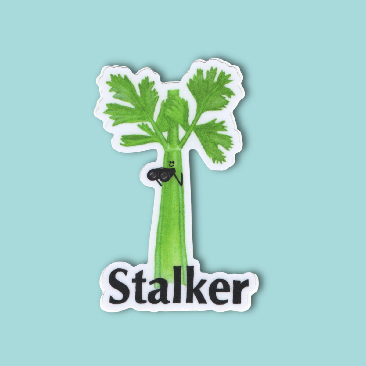 Stalker celery pun sticker featuring a hand-drawn celery character with binoculars