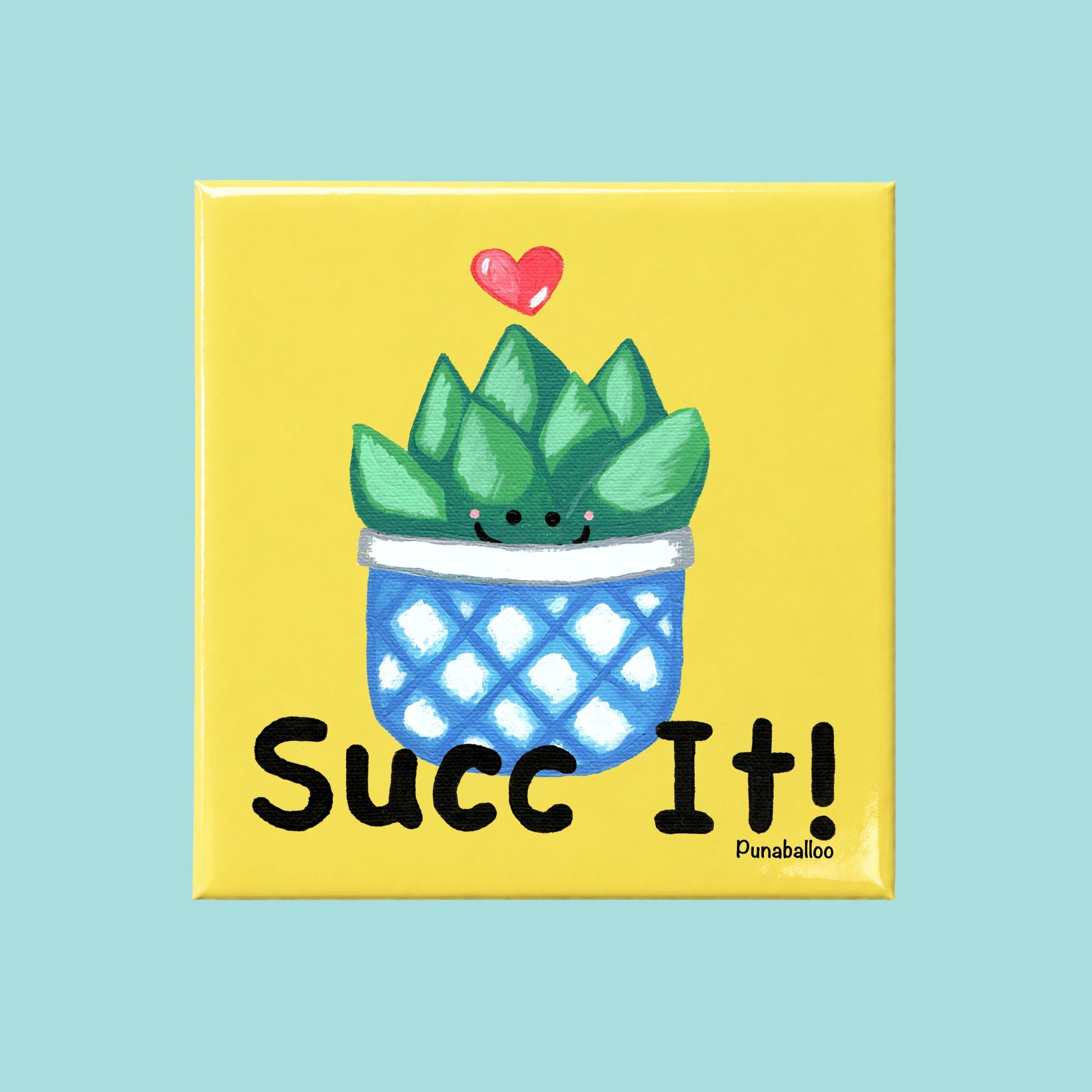 Succ It plant magnet with a smiling succulent in a blue pot on a yellow background