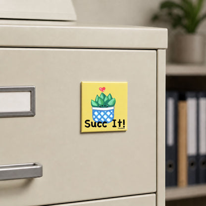 Succ It plant magnet displayed on a metal filing cabinet