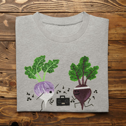 Athletic Heather Turnip the Beet vegetable pun T-shirt folded on a rustic wood background
