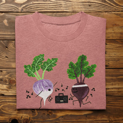 Heather Mauve Turnip the Beet vegetable pun T-shirt folded on a rustic wood background