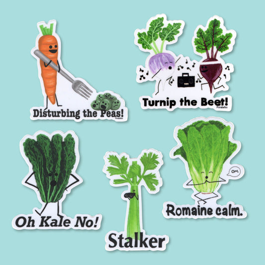 Five funny vegetable pun stickers featuring Disturbing the Peas, Oh Kale No, Romaine Calm, Stalker and Turnip the Beet