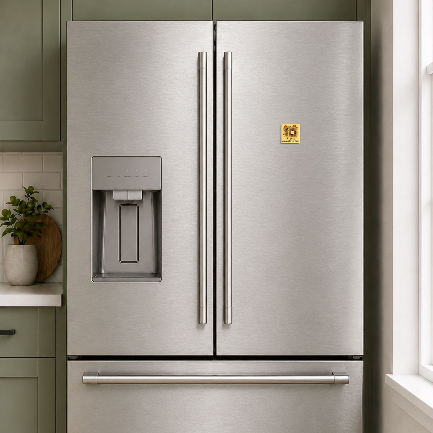 Funny bread magnet displayed on a stainless steel refrigerator